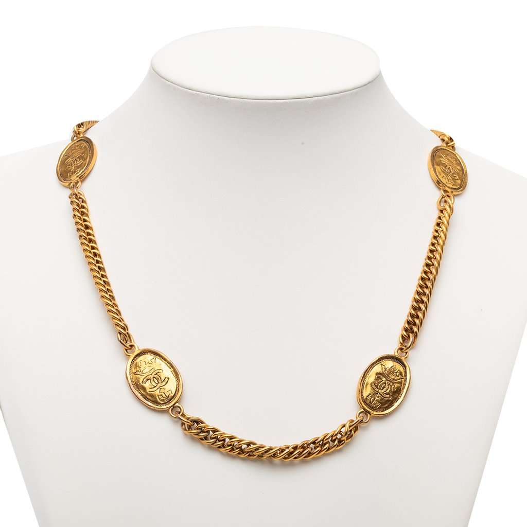 Chanel CC Gold Plated Crown Medallion Station Necklace Gold Metal Very good condition - Box View