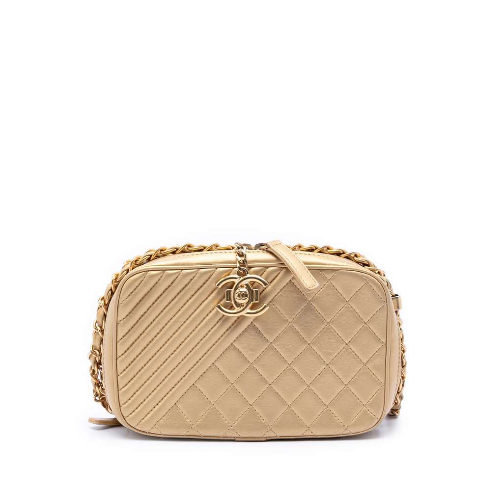 Chanel Small Quilted Lambskin Coco Boy Camera Bag Gold Leather Very good condition - Front View