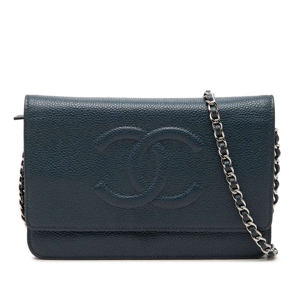 Chanel CC Caviar Wallet On Chain Blue Leather Very good condition - Front View