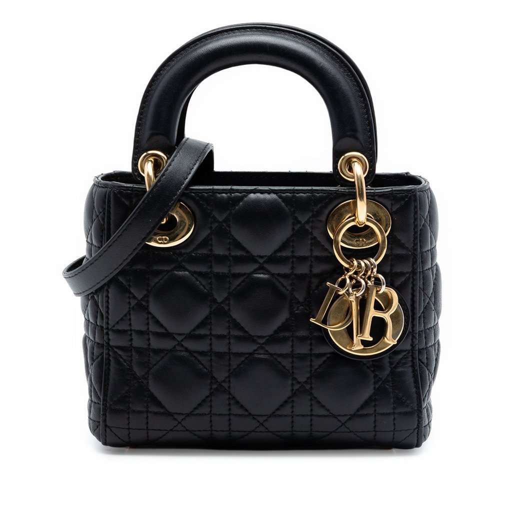 Dior Mini Lambskin Cannage Lady Dior Black Leather Very good condition - Front View