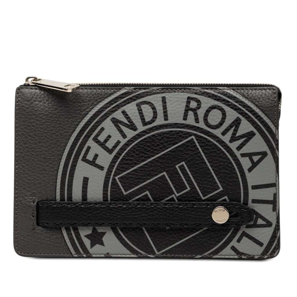 Fendi Grained Leather Roma Selleria Zip Clutch Black Leather Very good - Front View