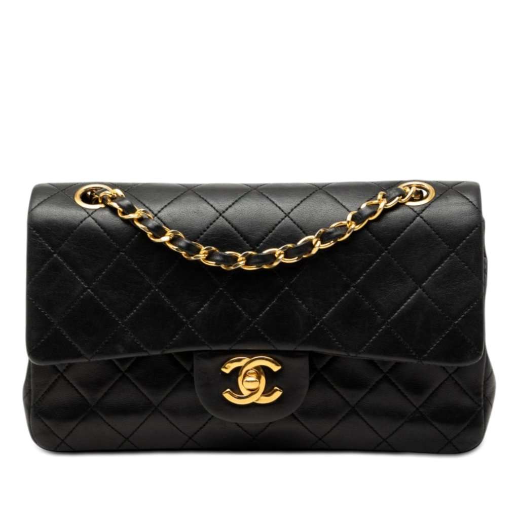 Chanel Small Classic Lambskin Double Flap Black Leather Very good - Front View