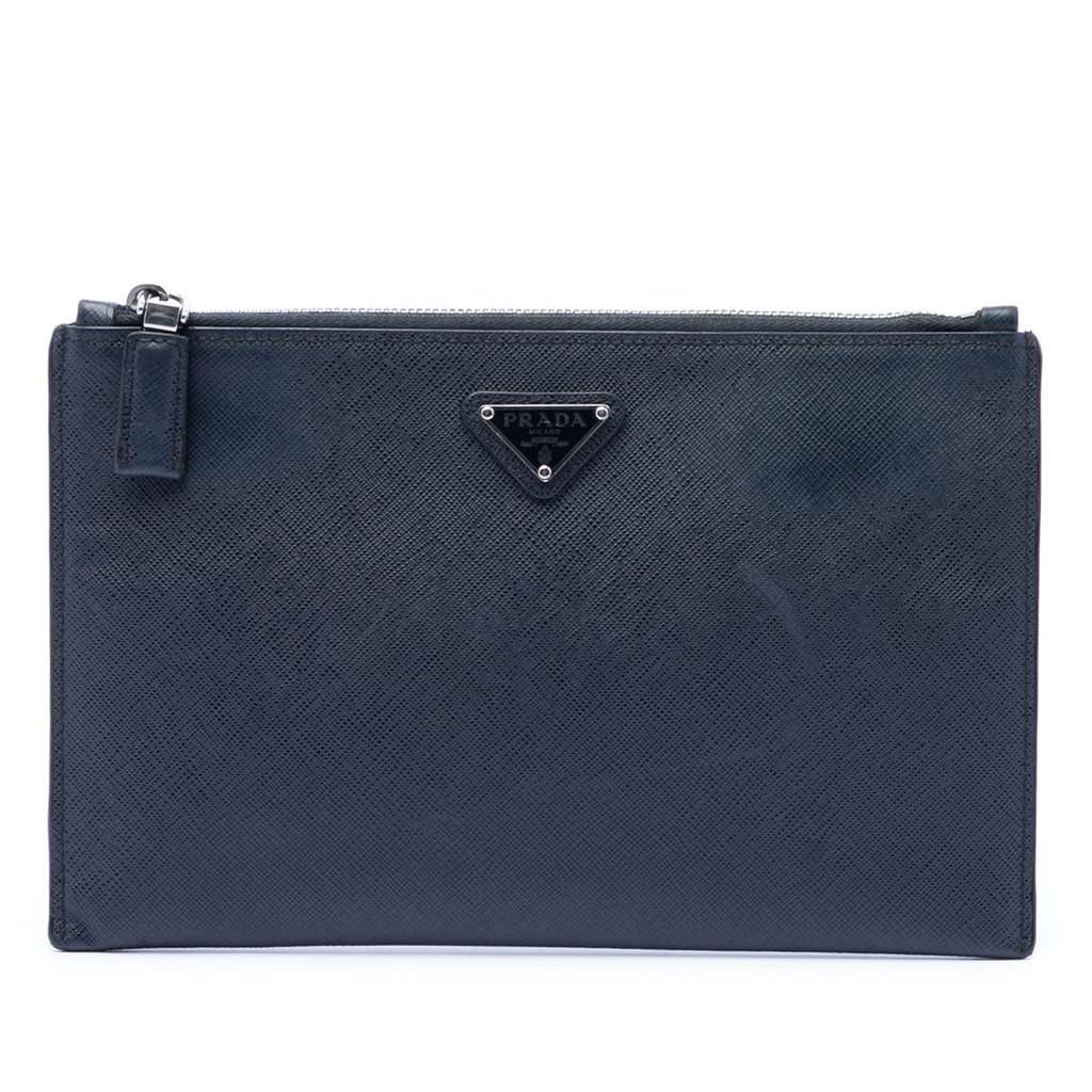 Prada Saffiano Clutch Blue Leather Very good condition - Front View