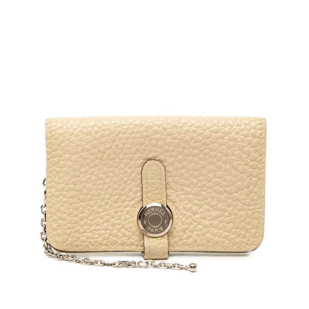 Hermès Clemence Dogon Card Holder with Chain Beige Leather Very good condition - Front View
