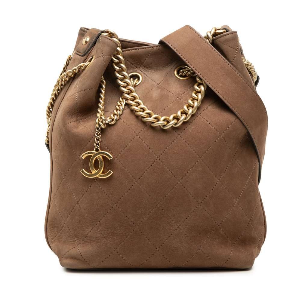 Chanel Small CC Quilted Suede On My Shoulder Drawstring Bucket Bag Brown Leather Very good condition - Front View