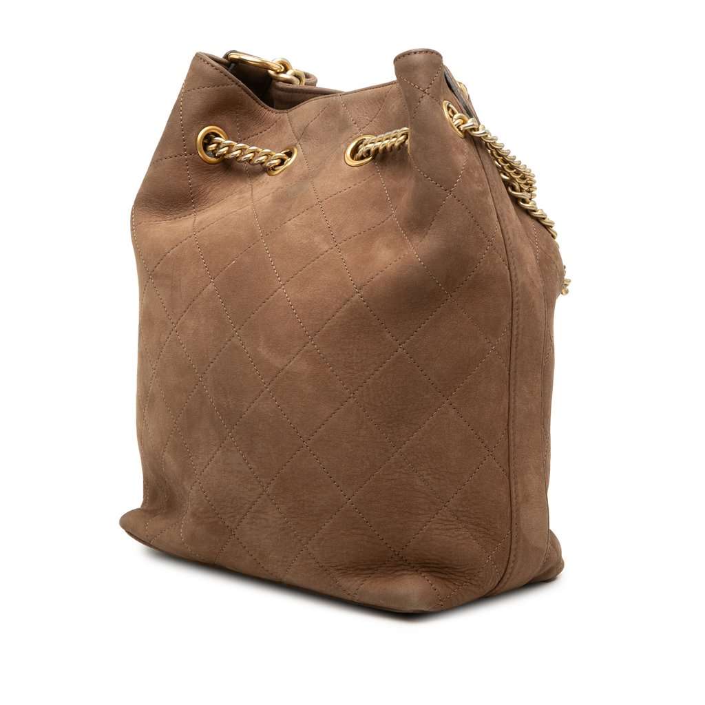 Chanel Small CC Quilted Suede On My Shoulder Drawstring Bucket Bag Brown Leather Very good condition - Back View