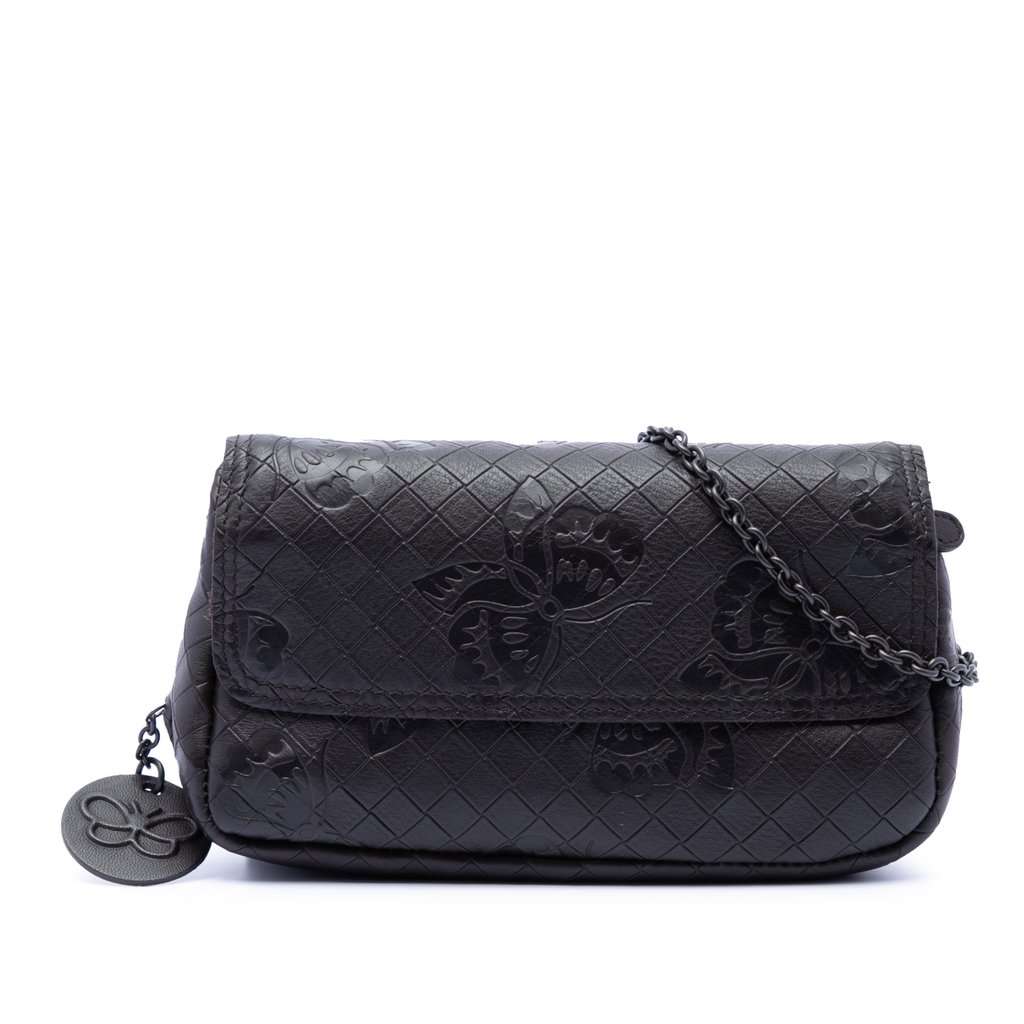Bottega Veneta Small Calfskin Intrecciomirage Embossed Butterfly Chain Crossbody Black Leather Very good - Front View