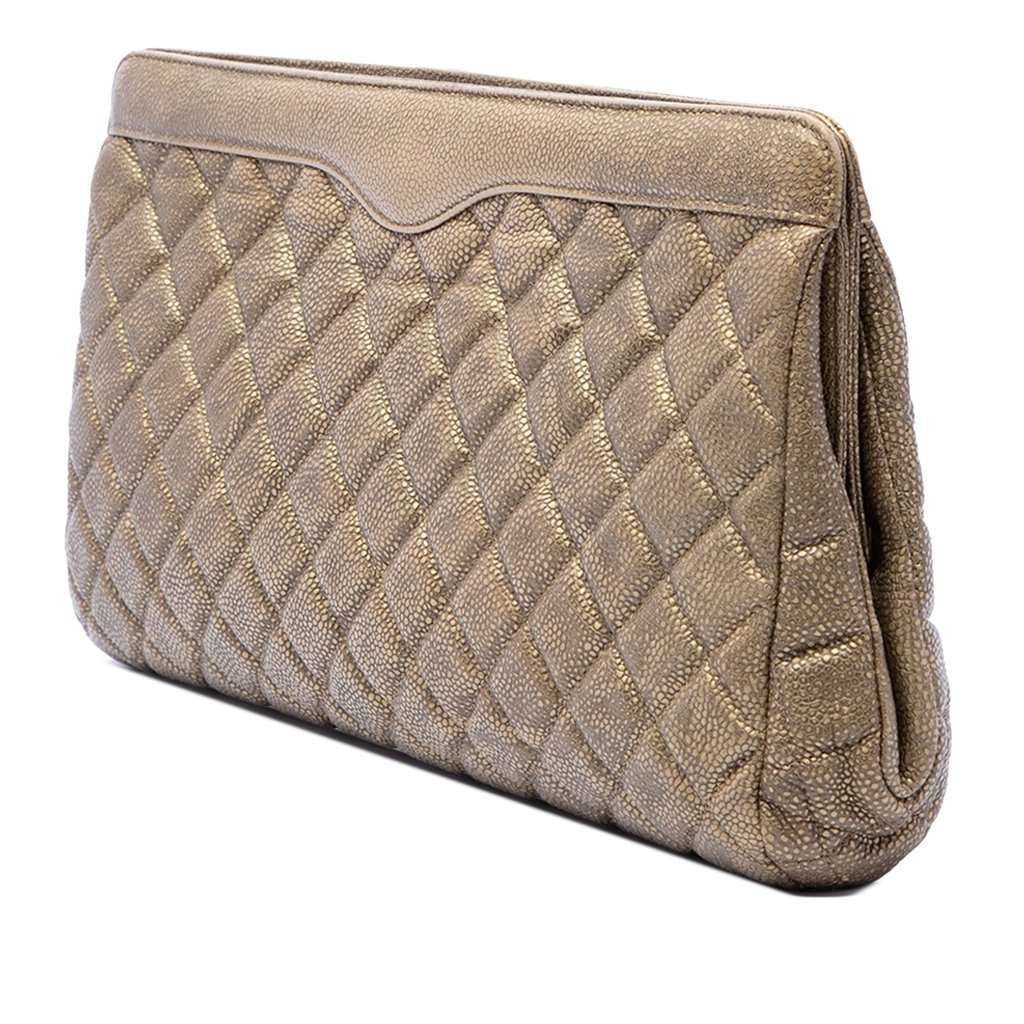 Chanel Large CC Quilted Metallic Caviar Frame Clutch Gold Leather Very good - Back View
