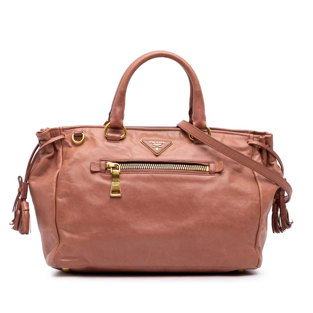 Prada Vitello Shine Satchel Brown Leather Good - Front View