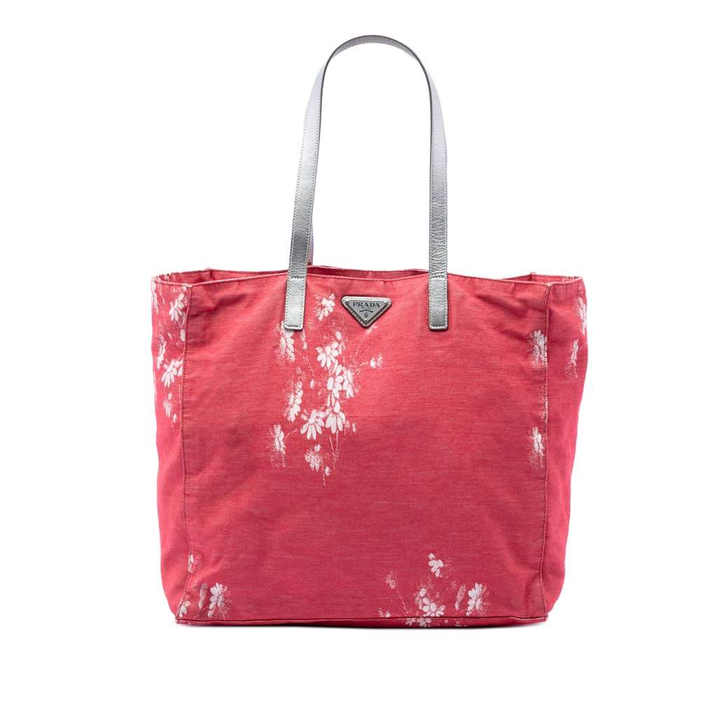 Prada Floral Printed Canvas Tote Pink Very good - Front View