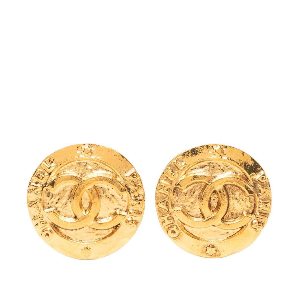 Chanel CC Gold Plated Round Clip On Earrings Gold Metal Very good - Front View