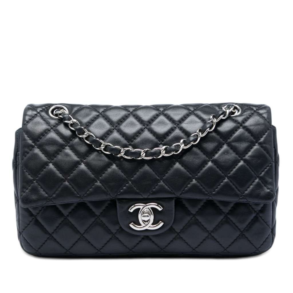 Chanel Medium Classic Lambskin Double Flap Black Leather Very good - Front View