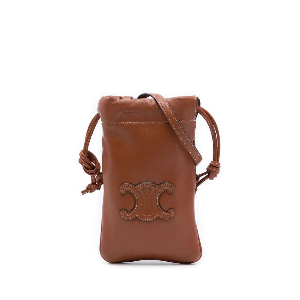 Celine Smooth Calfskin Cuir Triomphe Drawstring Phone Holder Crossbody Brown Leather Very good - Front View