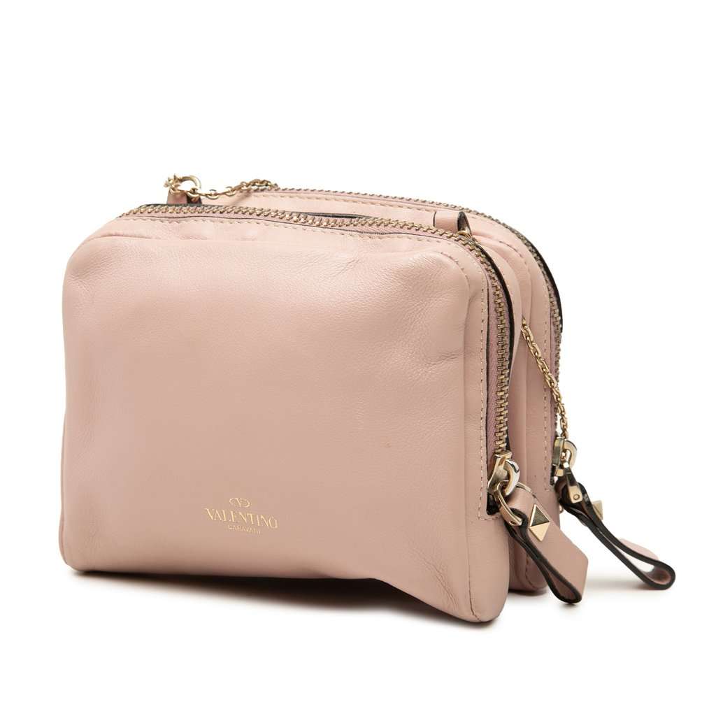 Valentino Leather Rockstud Double Zip Crossbody Pink Leather Very good - Back View