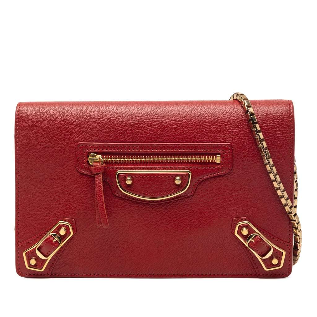 Balenciaga Goatskin Motocross Metallic Edge Wallet on Chain Red Leather Very good condition - Front View
