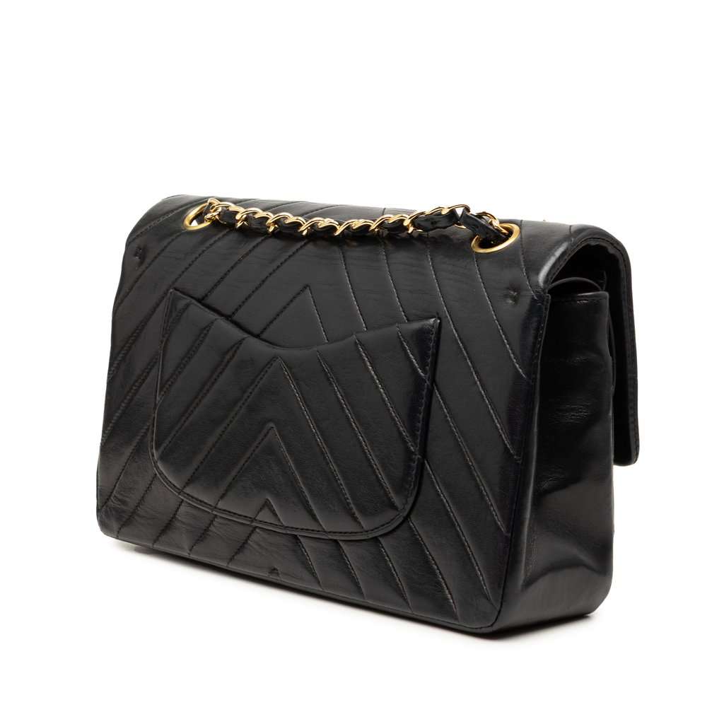Chanel Medium Classic Chevron Lambskin Double Flap Black Leather Very good - Back View