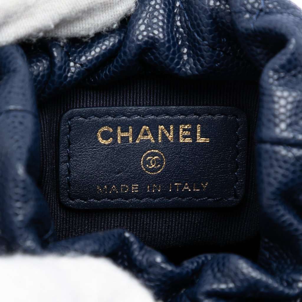 Chanel Mini Quilted Caviar Medallion Charms Drawstring Bucket Bag Blue Leather Very good condition - Box View
