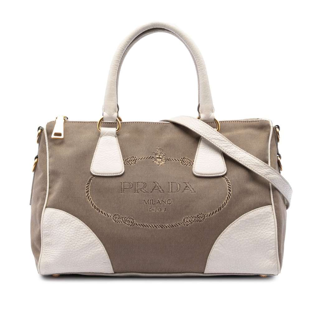 Prada Vitello Daino Trimmed Canvas Canapa Logo Satchel Brown Good condition - Front View