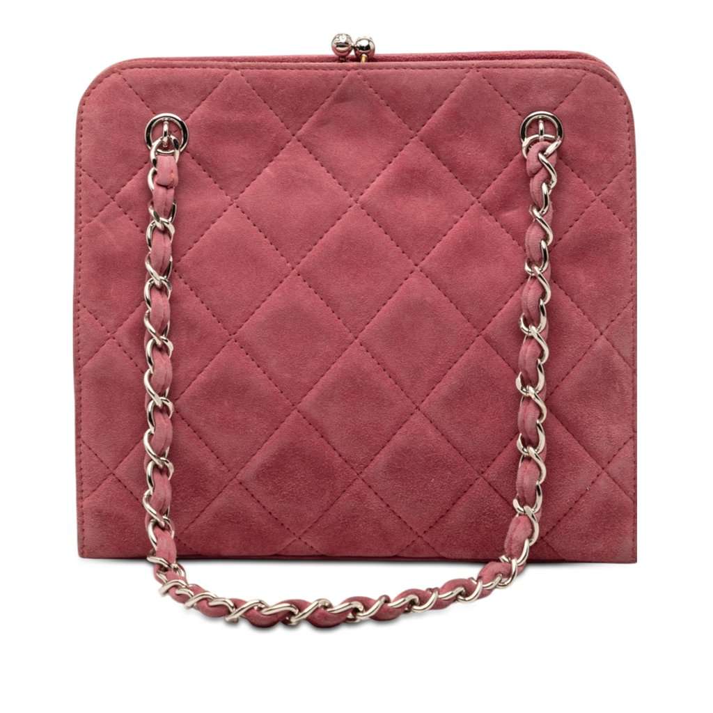 Chanel CC Quilted Suede Kiss Lock Handbag Pink Leather Very good condition - Front View