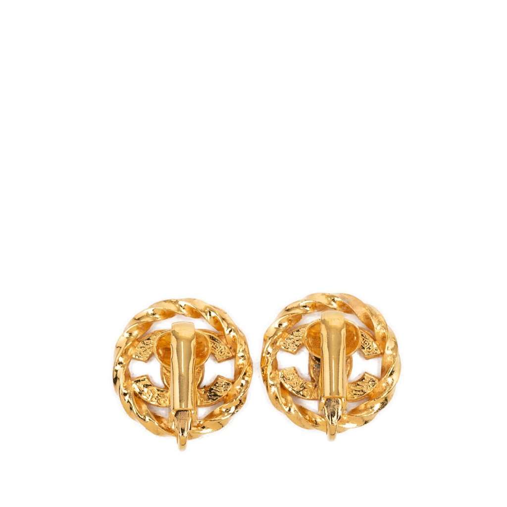 Chanel CC Gold Plated Strass Round Rope Earrings Gold Metal Very good condition - Back View