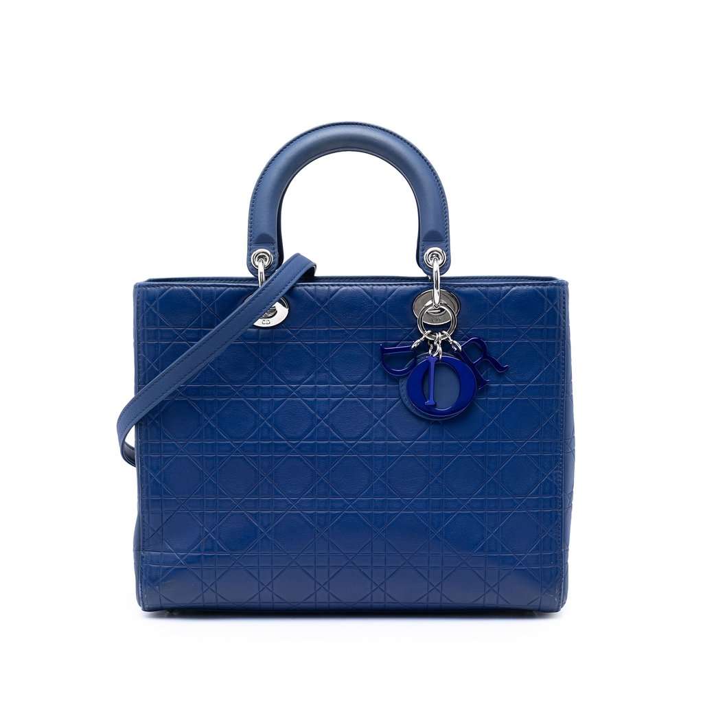 Dior Large Ultra Matte Calfskin Cannage Embossed Lady Dior Blue Leather Very good condition - Front View