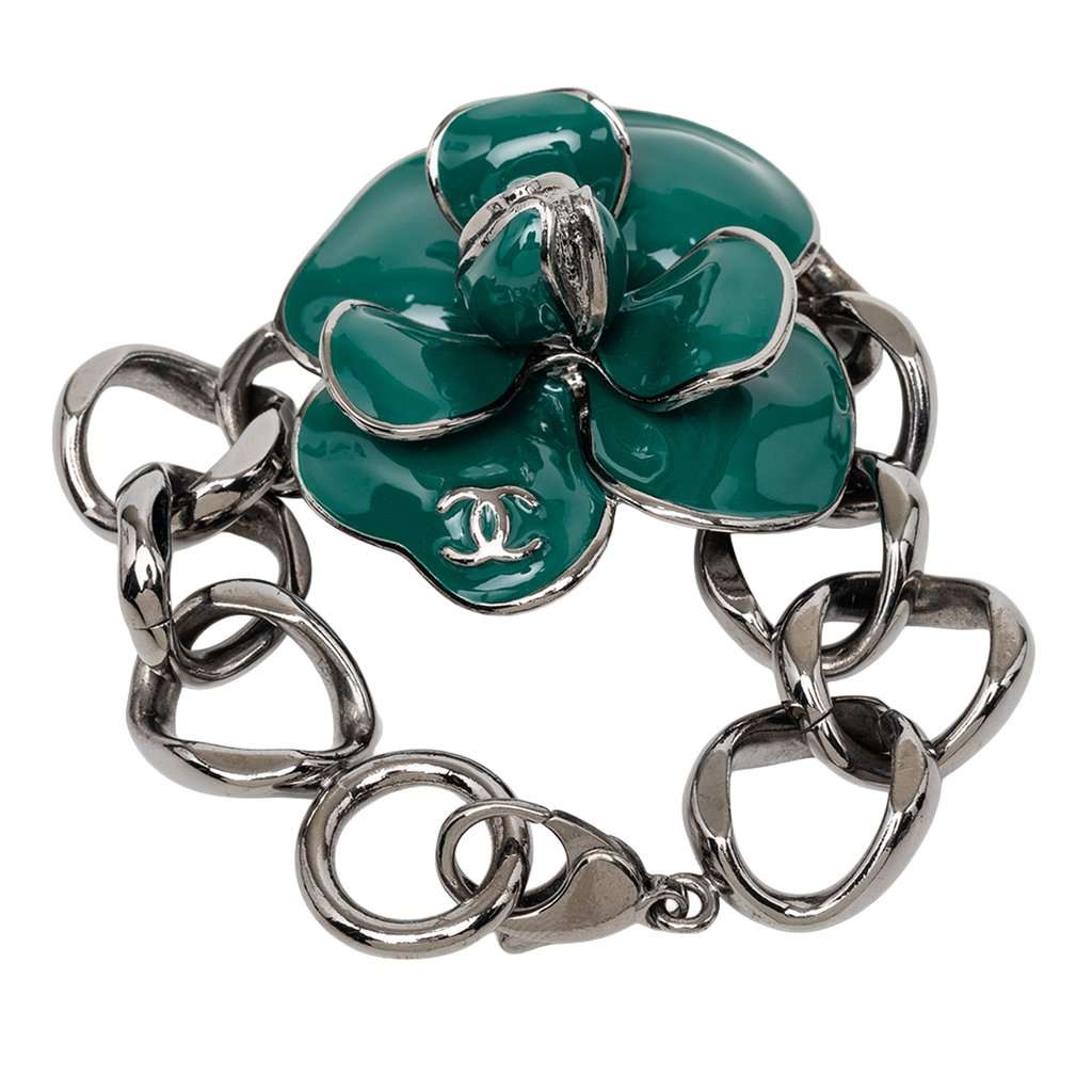 Chanel CC Brass Ruthenium and Enamel Camellia Chain Bracelet Black Metal Very good condition - Model View