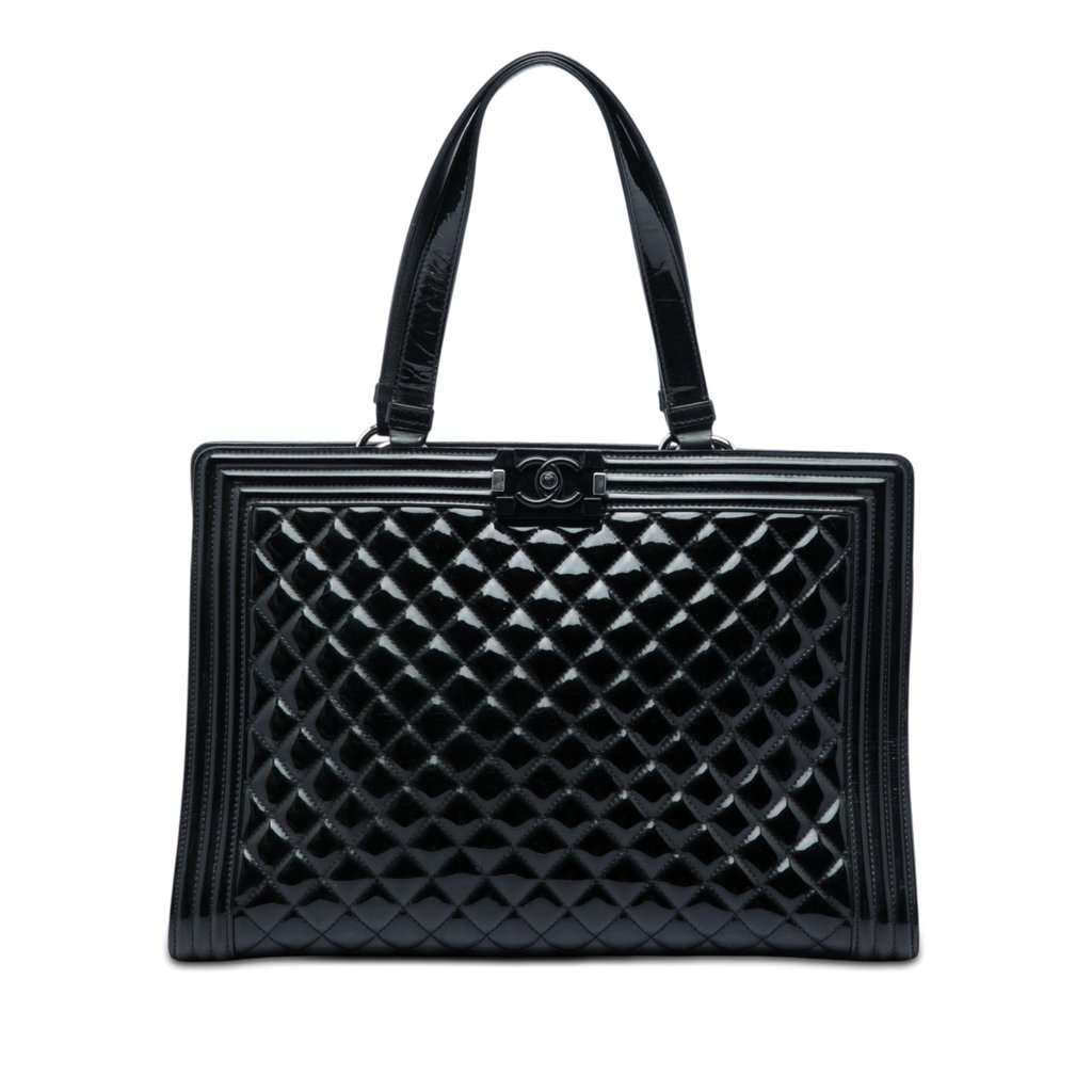 Chanel Large Quilted Patent Boy Shopping Tote Black Leather Very good - Front View