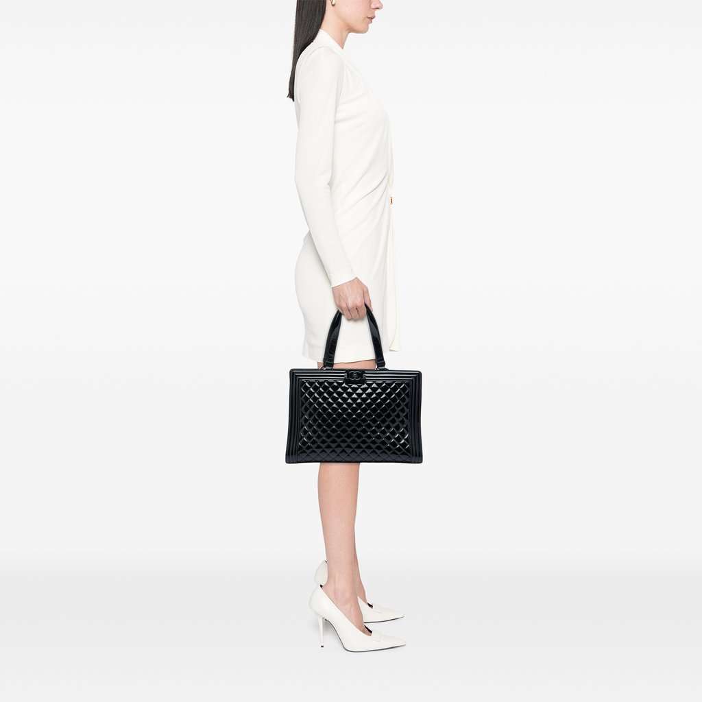 Chanel Large Quilted Patent Boy Shopping Tote Black Leather Very good - Box View
