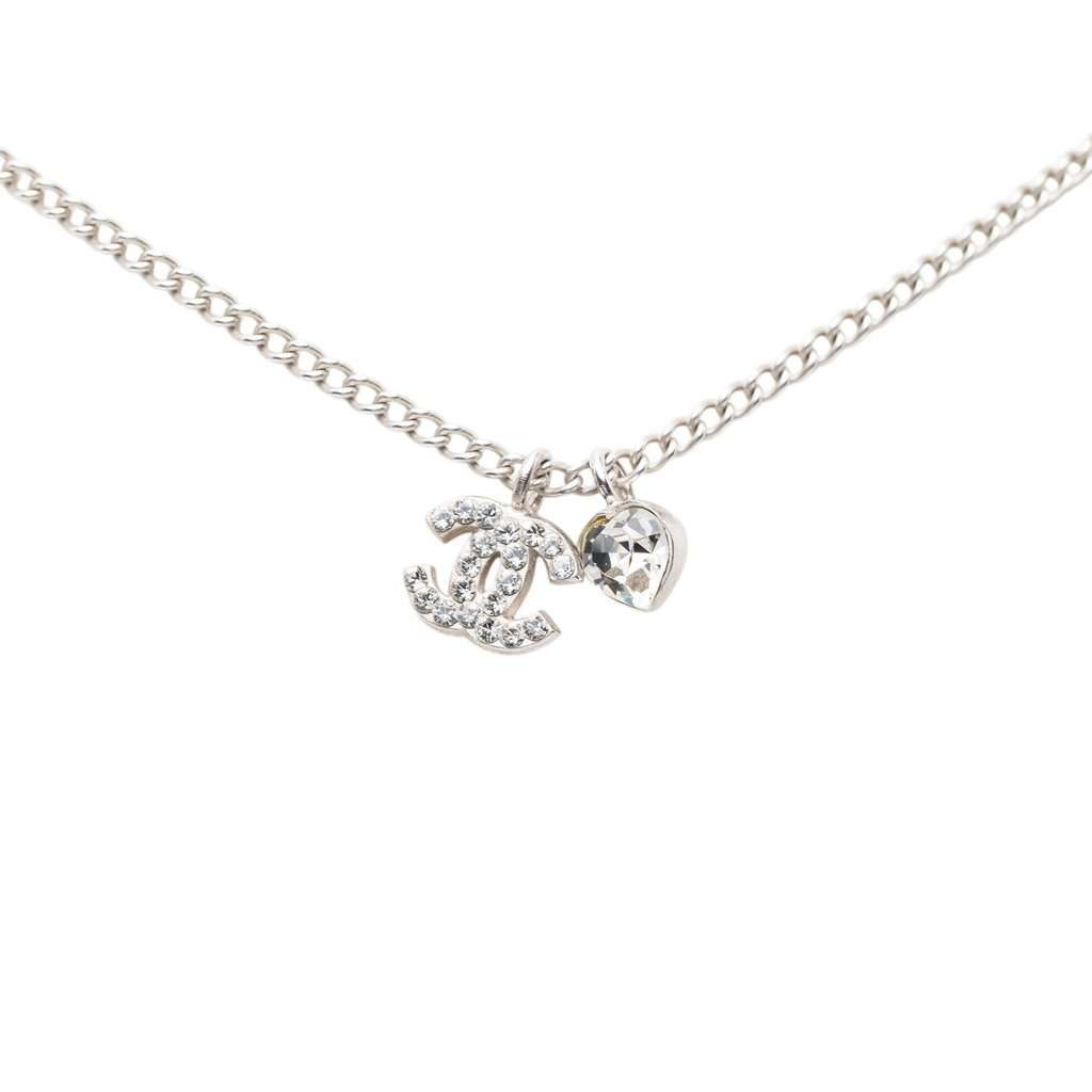 Chanel CC Brass Strass Crystal Heart Pendant Necklace Silver Metal Very good condition - Back View