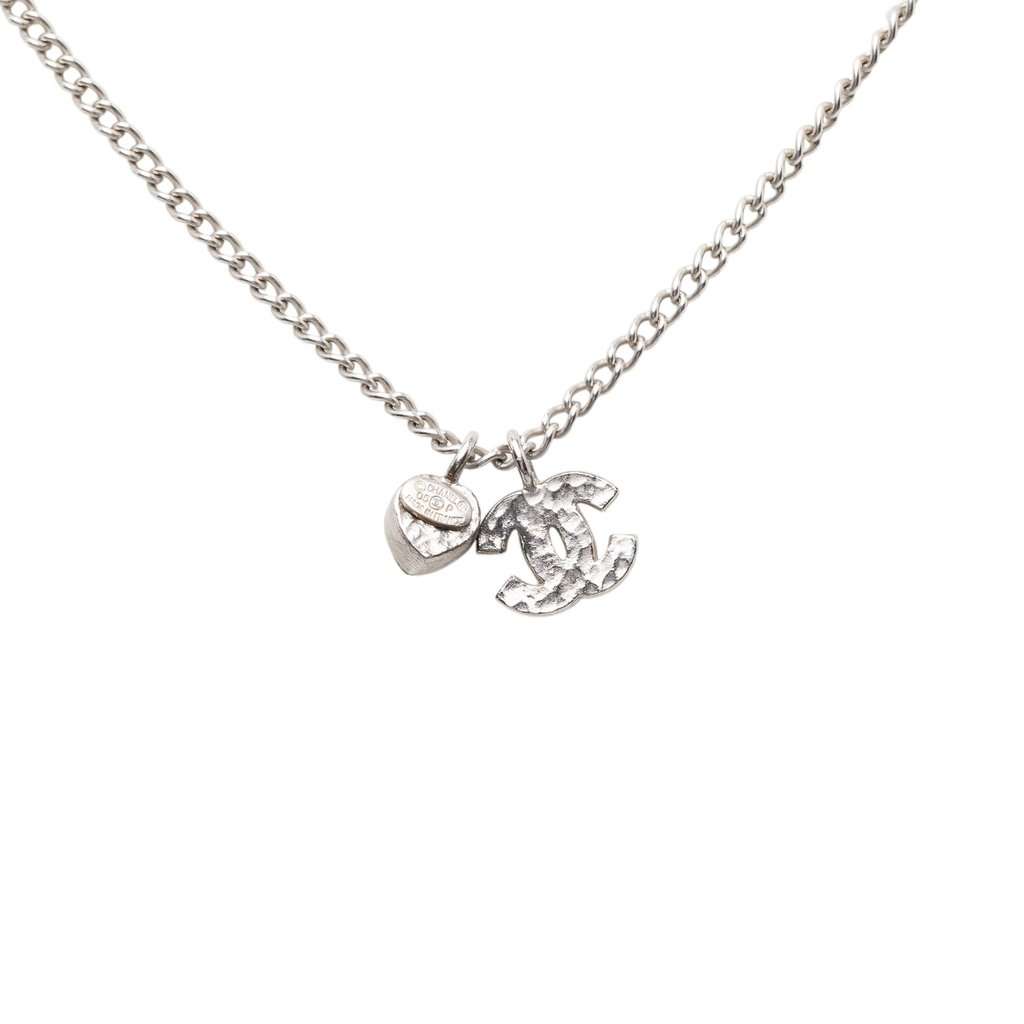 Chanel CC Brass Strass Crystal Heart Pendant Necklace Silver Metal Very good condition - Inside View