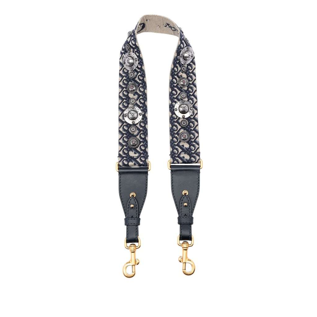 Dior Oblique Embroidered Canvas Studded Shoulder Strap Blue Very good condition - Front View
