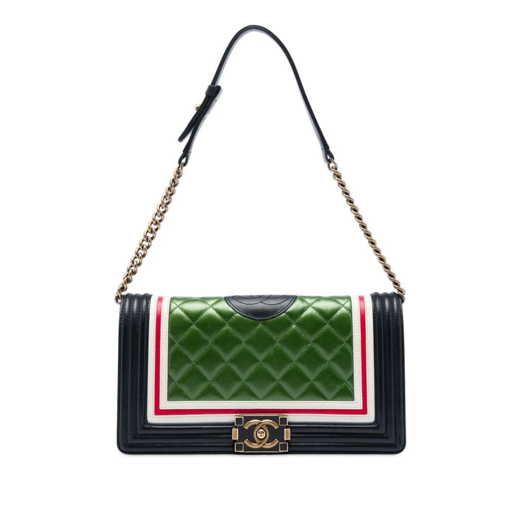 Chanel Multicolor Quilted Lambskin Crest East West Boy Flap Green Leather Very good - Front View