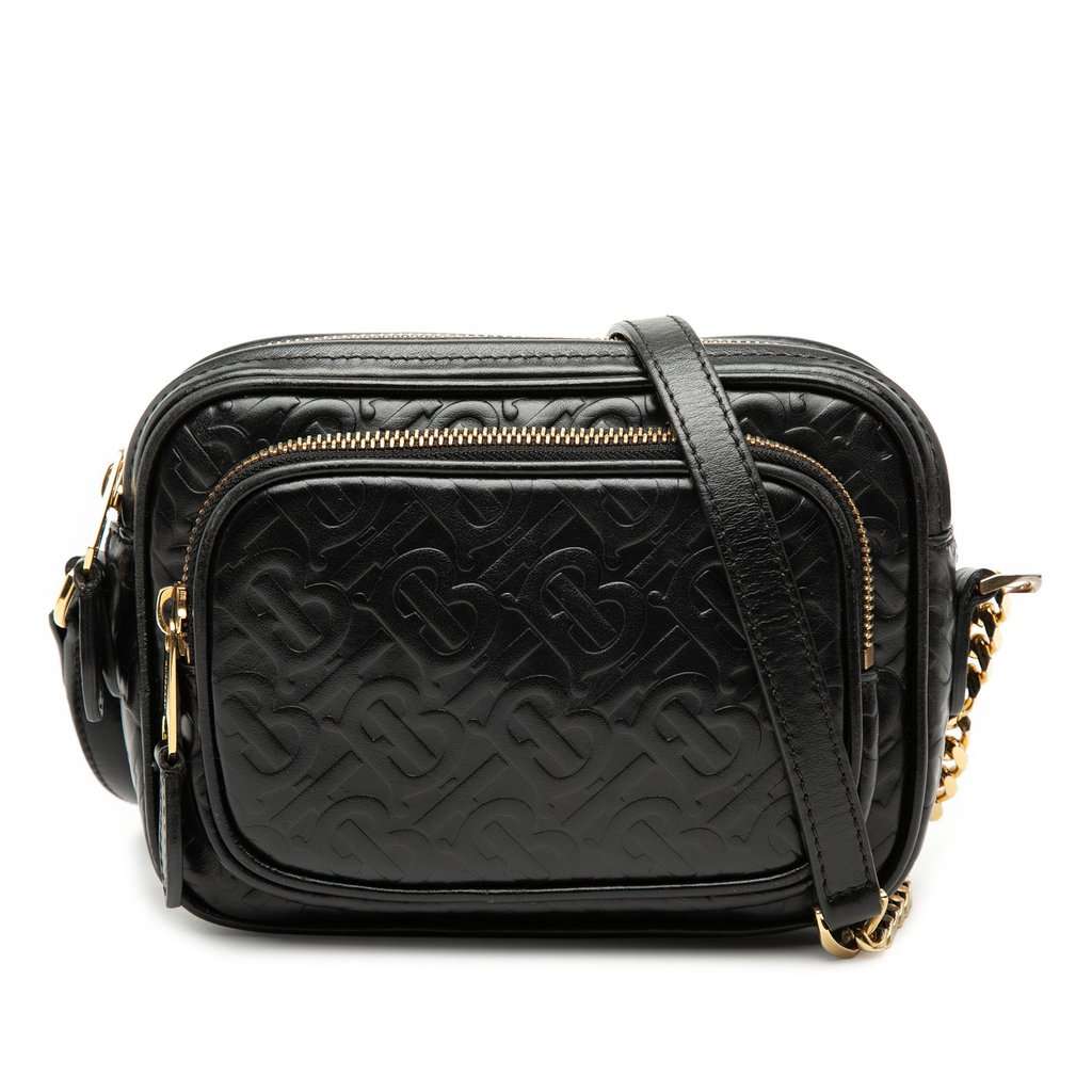 Burberry Embossed Calfskin TB Monogram Camera Chain Crossbody Black Leather Very good - Front View