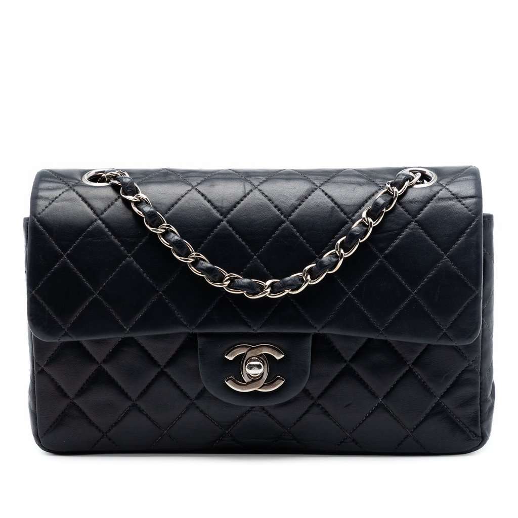 Chanel Small Classic Lambskin Double Flap Black Leather Very good - Front View