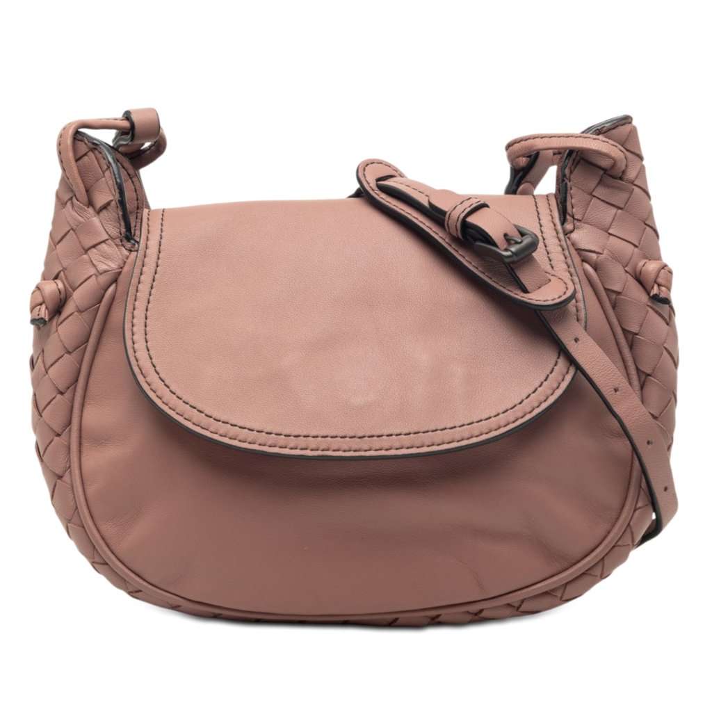 Bottega Veneta Small Intrecciato Trimmed Nappa Nodini Flap Pink Leather Very good condition - Front View