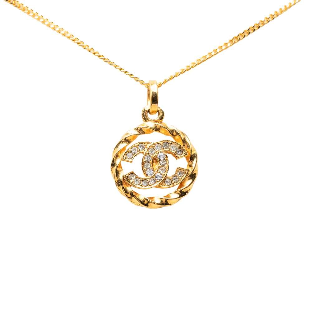 Chanel CC Gold Plated Strass Round Pendant Necklace Gold Metal Very good condition - Front View