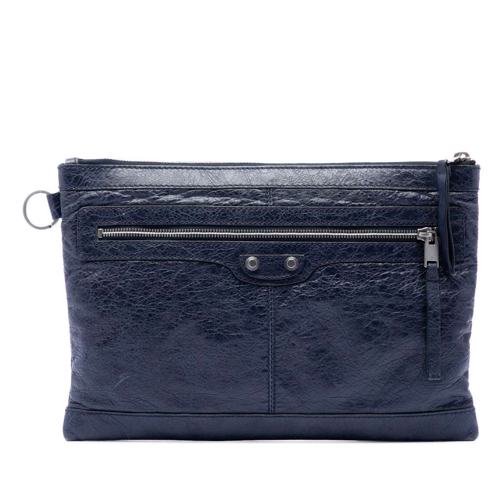 Balenciaga Lambskin Motocross Classic Clip M Clutch Blue Leather Very good - Front View
