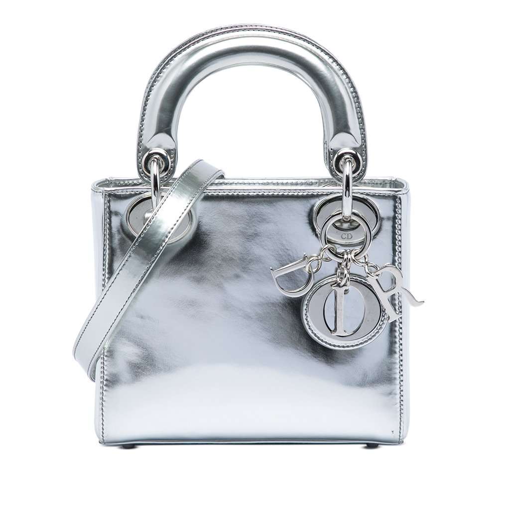 Dior Mini Metallic Patent Lady Dior Silver Leather Very good condition - Front View