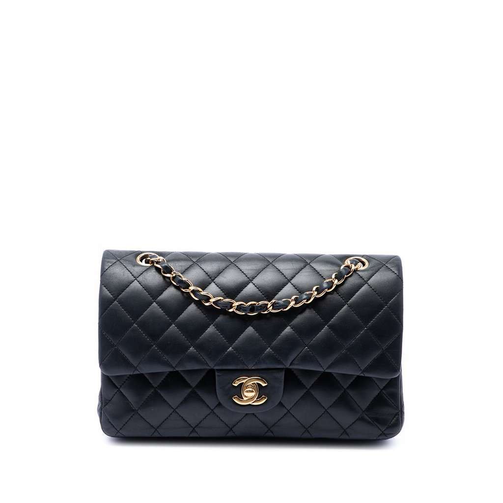 Chanel Medium Classic Lambskin Double Flap Black Leather Very good - Front View