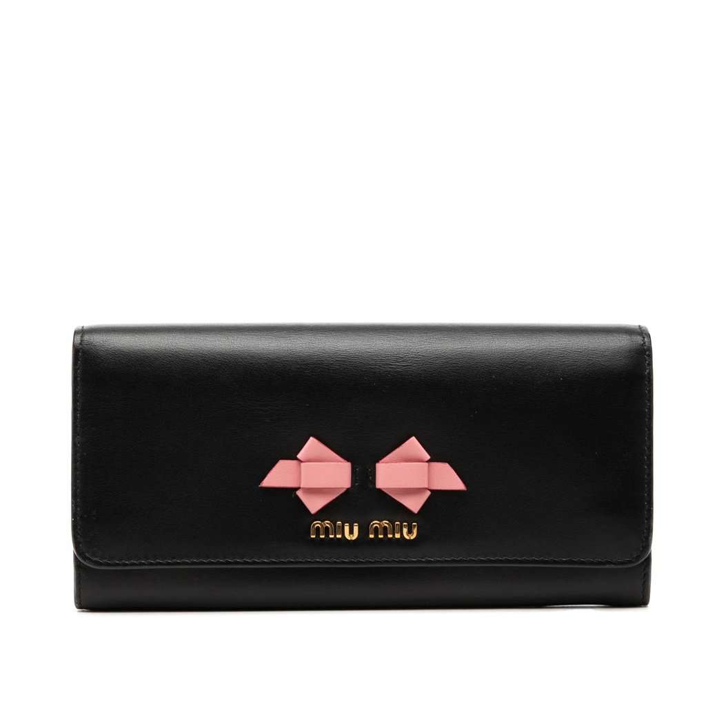 Miu Miu Soft Calf Bow Bifold Long Wallet Black Leather Very good condition - Front View