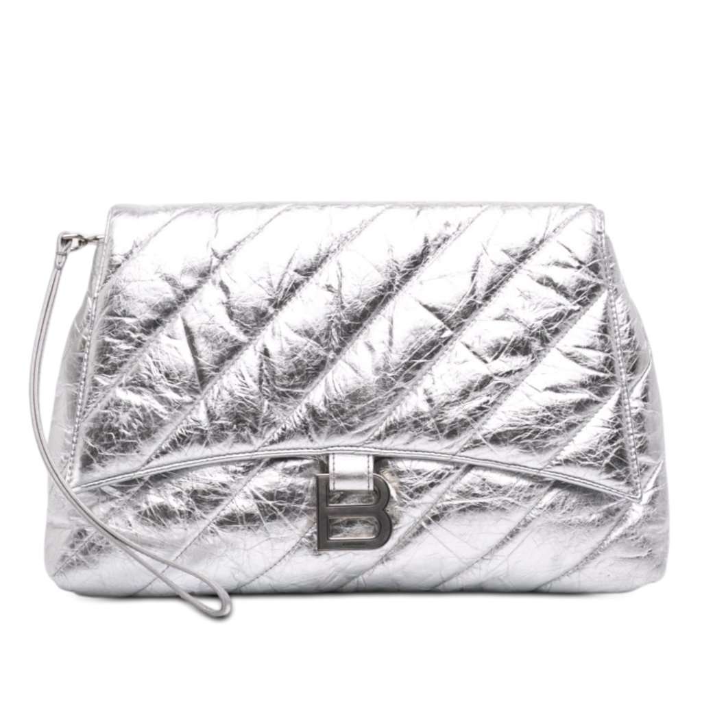 Balenciaga Medium Metallic Calfskin Crush Pochette Silver Leather Very good - Front View