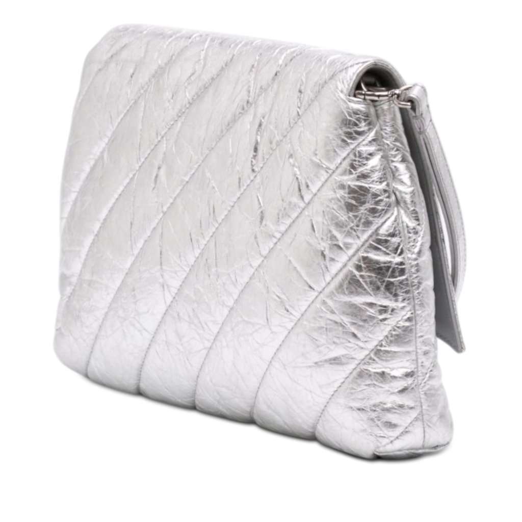 Balenciaga Medium Metallic Calfskin Crush Pochette Silver Leather Very good - Back View