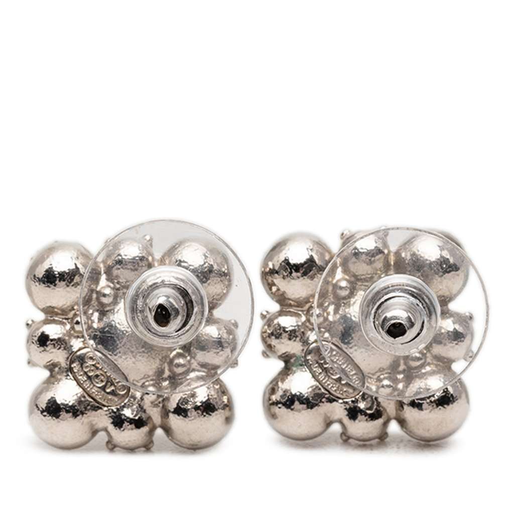 Chanel CC Brass Strass Floral Push Back Earrings Silver Metal Very good condition - Back View