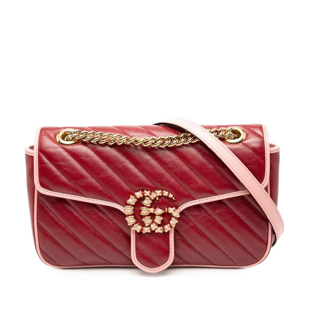 Gucci Medium GG Marmont Matelasse Diagonal Leather Torchon Shoulder Bag Red Leather Very good condition - Front View