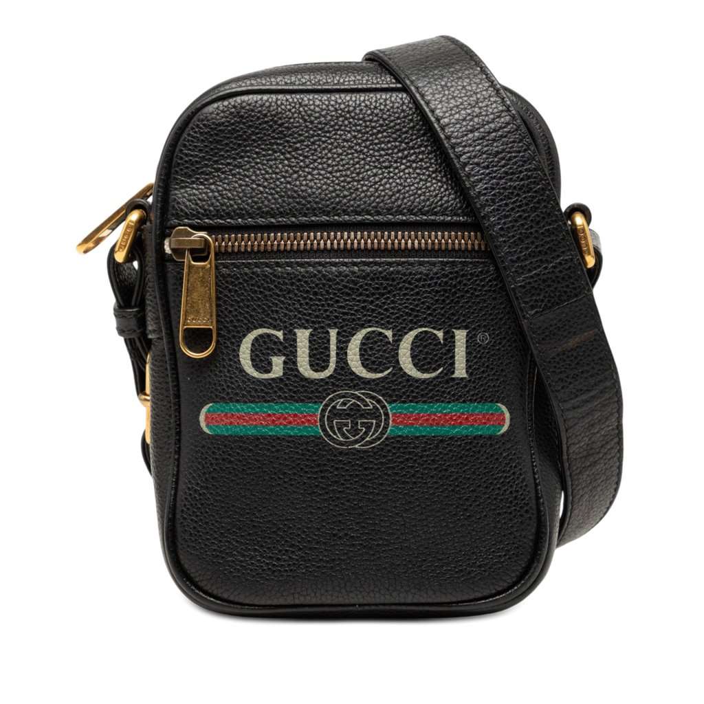 Gucci Mini Grained Calfskin Logo Crossbody Black Leather Very good condition - Front View