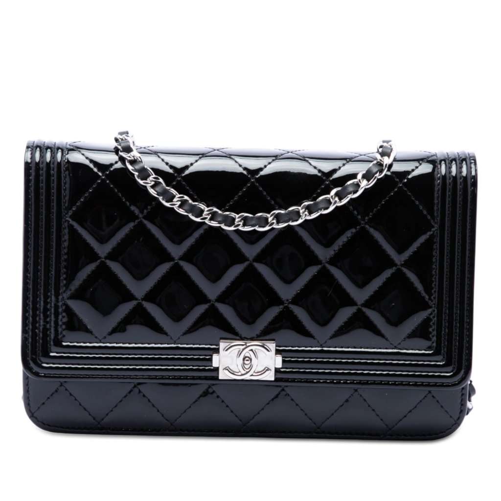 Chanel Quilted Patent Boy Wallet on Chain Black Leather Very good - Front View