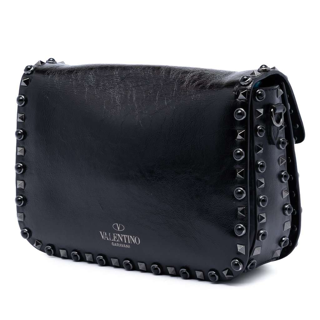 Valentino Medium Craquele Calfskin Guitar Strap Rockstud Rolling Flap Crossbody Black Leather Very good condition - Back View