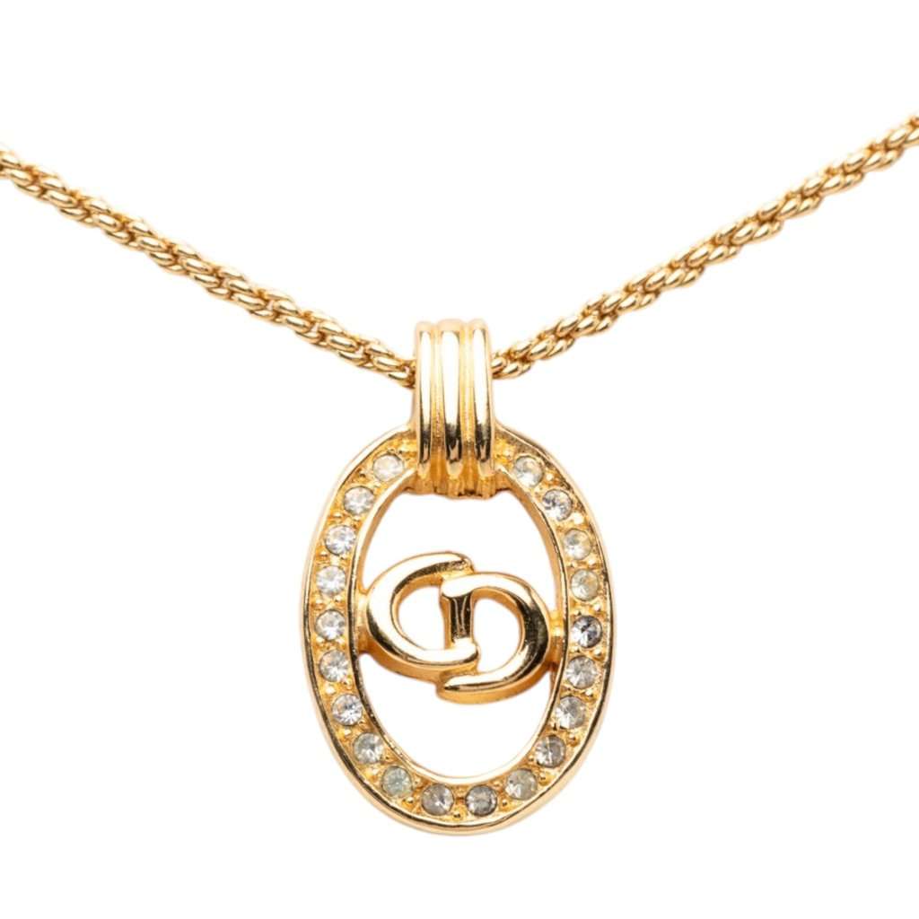 Dior Gold Plated Strass CD Logo Oval Pendant Necklace Gold Metal Very good condition - Front View