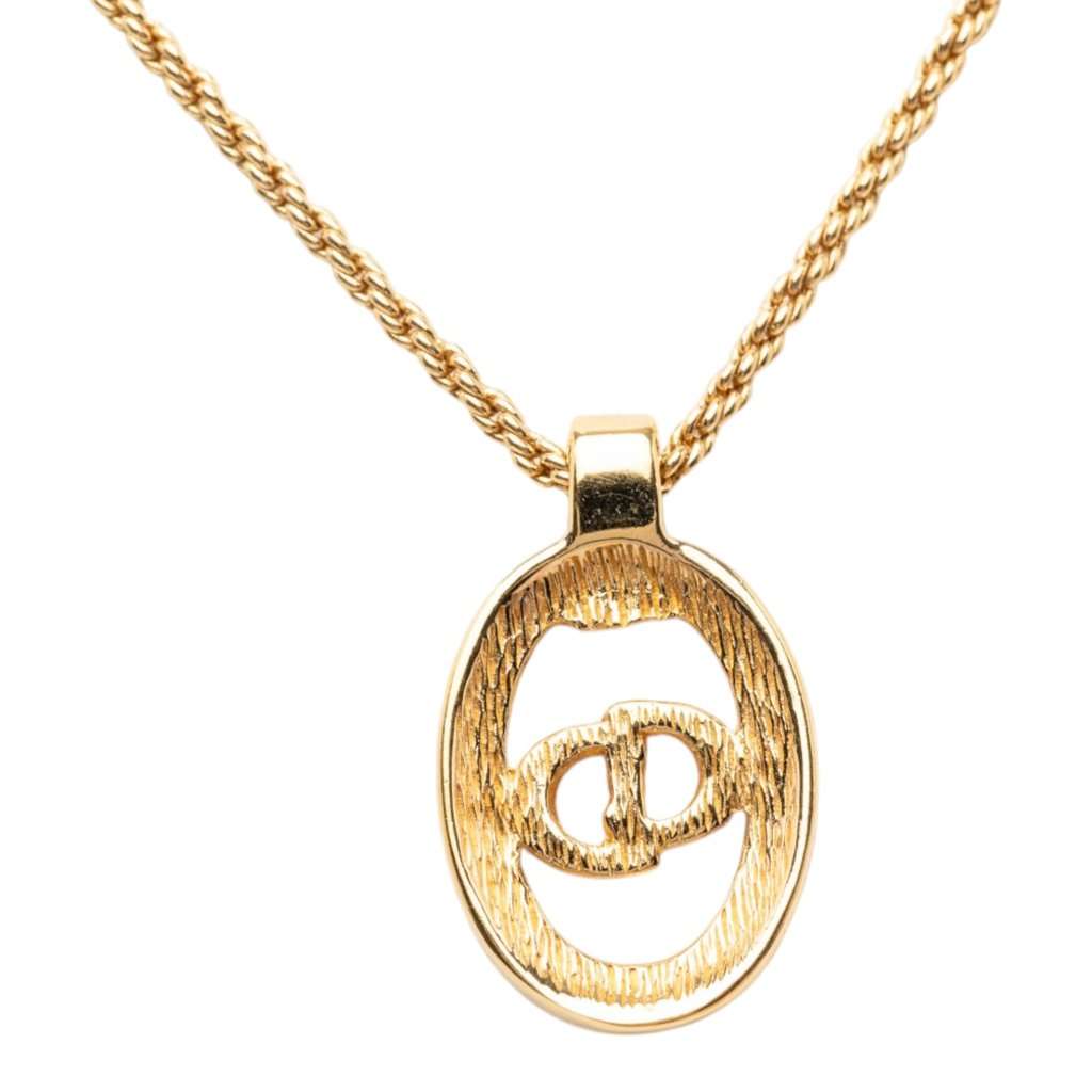 Dior Gold Plated Strass CD Logo Oval Pendant Necklace Gold Metal Very good condition - Back View