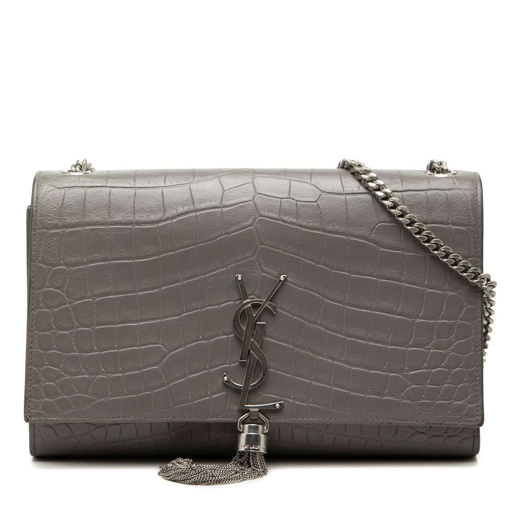 Saint Laurent Medium Croc Embossed Leather Monogram Kate Tassel Crossbody Green Leather Good condition - Front View